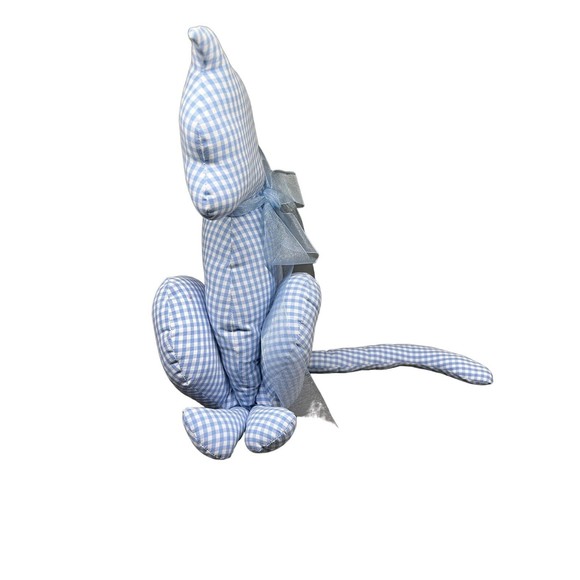 Handcrafted Stuffed Cat Pillow Baby Blue Gingham Fabric Neck Bow Button - Picture 5 of 6